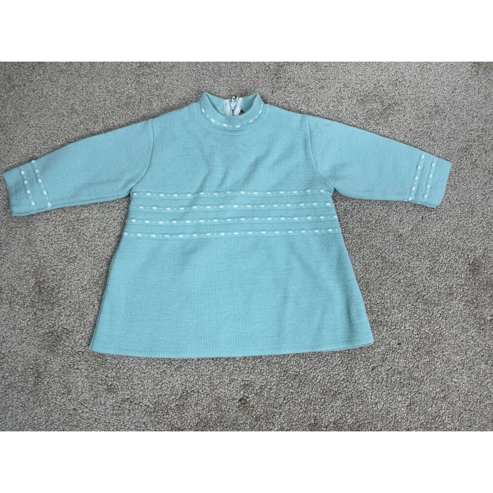 VTG Little World Aqua Knit Baby Top Dress L 12-18M Retro A-Line 70s Mod Costume